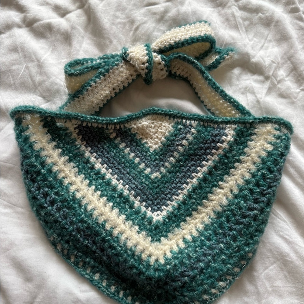 Handmade Crochet Dog Scarf Bandana - Blue White Cream